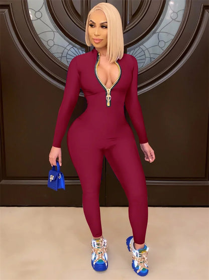 WESAYNB Wholesale Streetwear Clothes Zipper Long Sleeve Jumpsuit Women 2022 Black Blue Pink One-pieces Outfits Bodycon Jumpsuits Burgundy