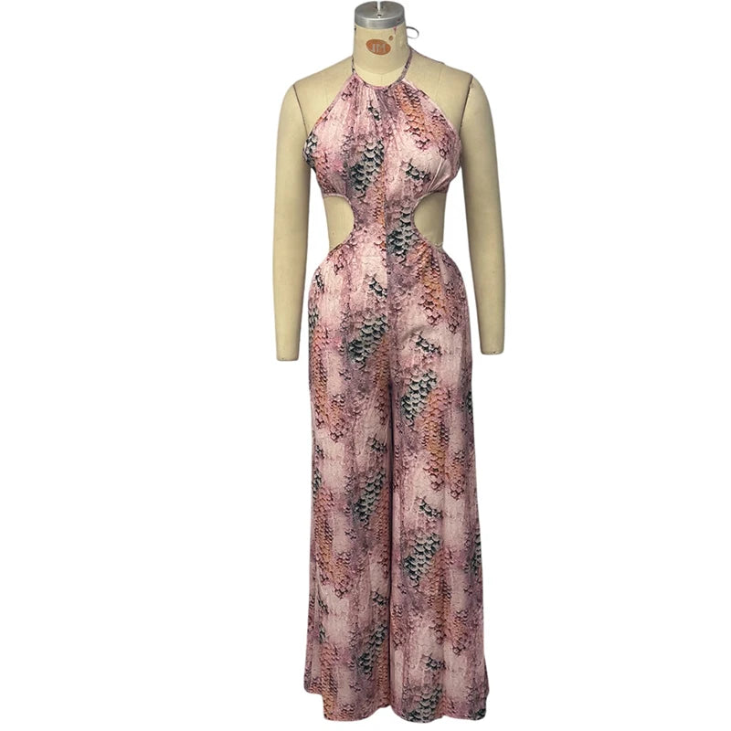 Wefads Jumpsuit Women 2025 Casual Fashion Sleeveless Printed Halter Neck Backless Lace Up Loose Wide Legs Pants Rompsers