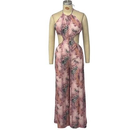 Wefads Jumpsuit Women 2025 Casual Fashion Sleeveless Printed Halter Neck Backless Lace Up Loose Wide Legs Pants Rompsers