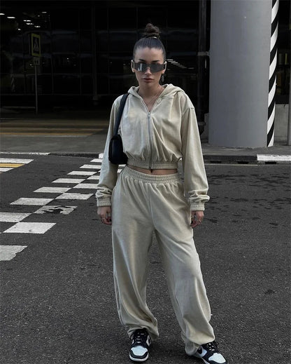 Autumn Winter Casual Two Piece Set Women Street Trend Long-sleeved Hooded Cardigan Sexy Waist Waist Elastic Trousers Tracksuit