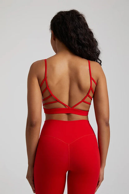 Open Back Sports Bra 8 Way Stretch Deep U Neck Bra Padded Fitness Top for Women Christmas Red