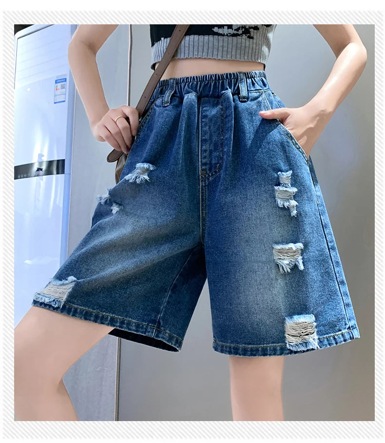 Plus Size Denim Shorts For Women 2024 Summer Wide Leg Loose Blue Jeans Shorts High Elastic Waist Half Length Casual Denim Shorts