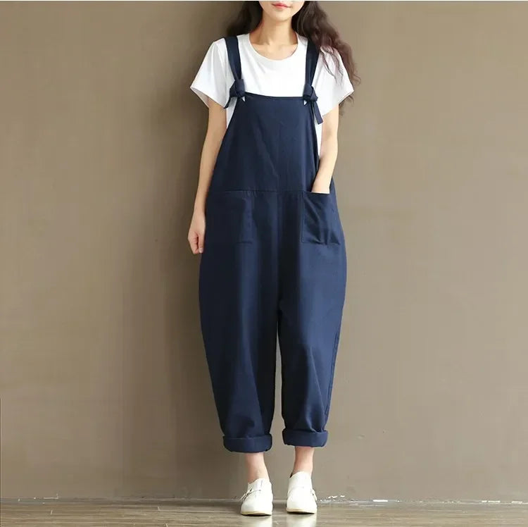 Women's Solid Color Simple Suspender Jumpsuit Sanded Cotton Pocket Loose Suspender Casual Pants Daily Commuter Wear S-3XL Badiee Stylez