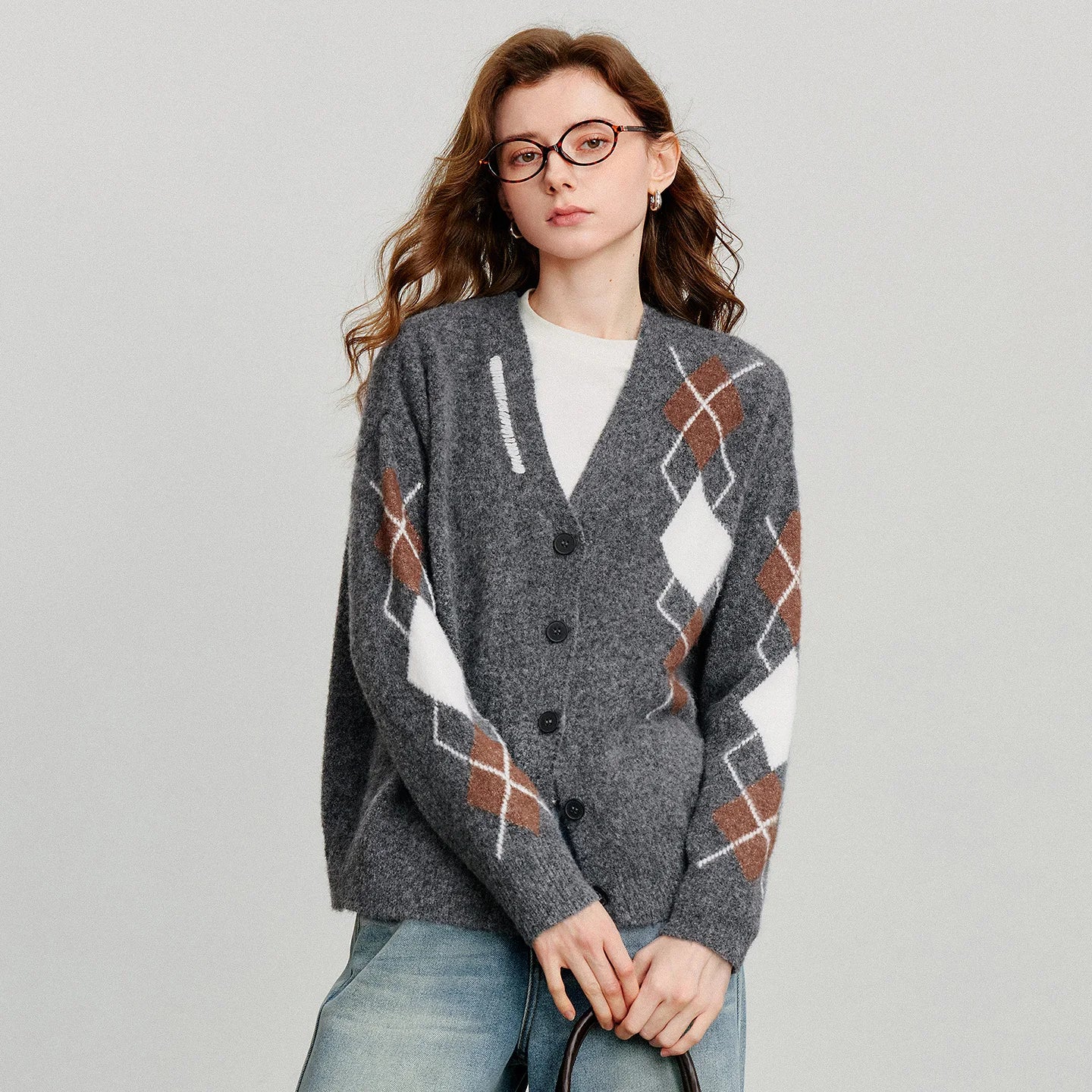 TOYOUTH Women Knitted Sweater 2025 Autumn New Grid Pattern V Neck Single Breasted Button Knitted Cardigan Coat Gray