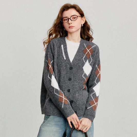 TOYOUTH Women Knitted Sweater 2025 Autumn New Grid Pattern V Neck Single Breasted Button Knitted Cardigan Coat Gray