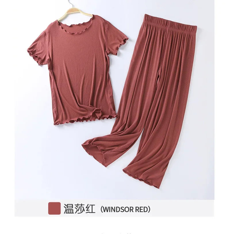 Japanese summer new ladies cotton modal short-sleeved nine-point pants suit home service suit women's large size home pajamas Windsor Red