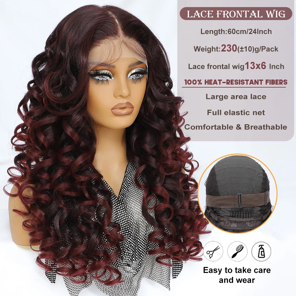 Latisha 13X6 HD Synthetic Lace Front Wigs Curly Pre Plucked Lace Frontal Wig with Bangs for Women Highlight with Babyhair 24Inch Badiee Stylez