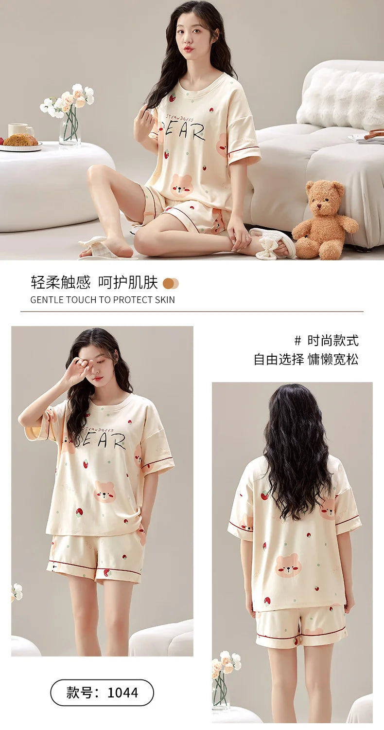 Summer 100% Cotton Women's Pajamas With Padded Bra Sweet Princess Cartoon Comfortable Short Sleeve Shorts Pajama Sets
