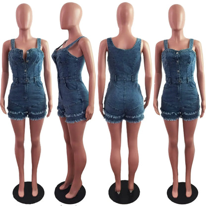Women Denim Rompers Shorts Jeans Overalls High Waist Spliced Washed Jean Tassel Pockets One Piece Casual Skinny Solid 2025