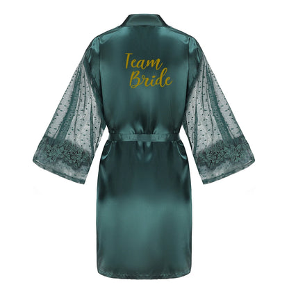 Green Bridesmaid Wedding Party Team Bride Robe With Gold Letters Lace Mesh Sleeve Kimono Satin Pajamas Mother Bathrobe As the photo show 2