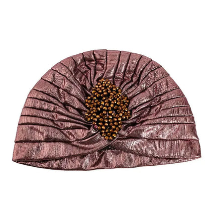 Ethnic Gathered Headscarf with Clover Crystal Gold Foil Print Fashion Hair Cover for Women Hijab Head Wrap Accessory Rose Gold