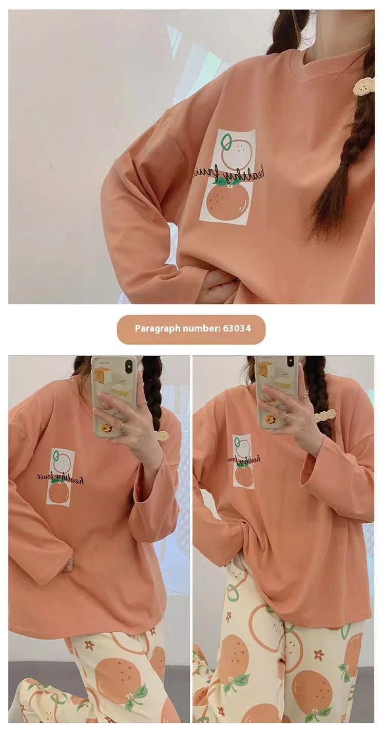 Spring and Autumn New Women's Thin Section Pajamas Homewear Suit Girls Summer Long-Sleeved Homewear Plus Size Cartoon Loose Suit