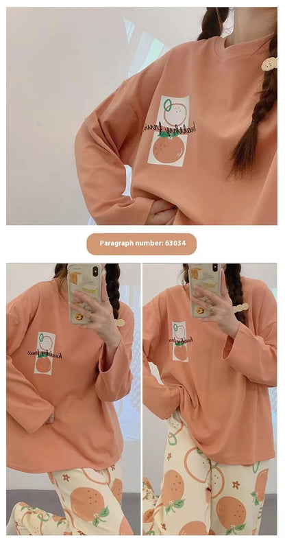 Spring and Autumn New Women's Thin Section Pajamas Homewear Suit Girls Summer Long-Sleeved Homewear Plus Size Cartoon Loose Suit