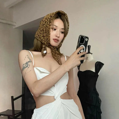 Retro Leopard Print Square Scarf for Women Satin Thin Edge Scarves Head Band Fashion Y2K Lady Hair Shawl Wrap Female Neckerchief