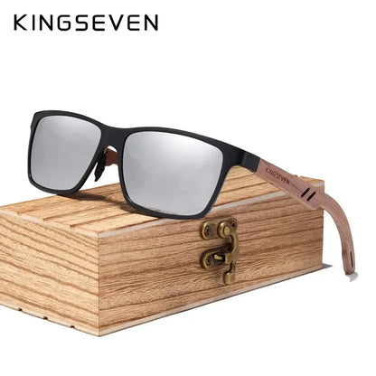 KINGSEVEN Vintage Polarized Men Wooden Sunglasses Wood UV400 Protection Fashion Square Sun Glasses Women Gafas De sol Silvery WoodenBox