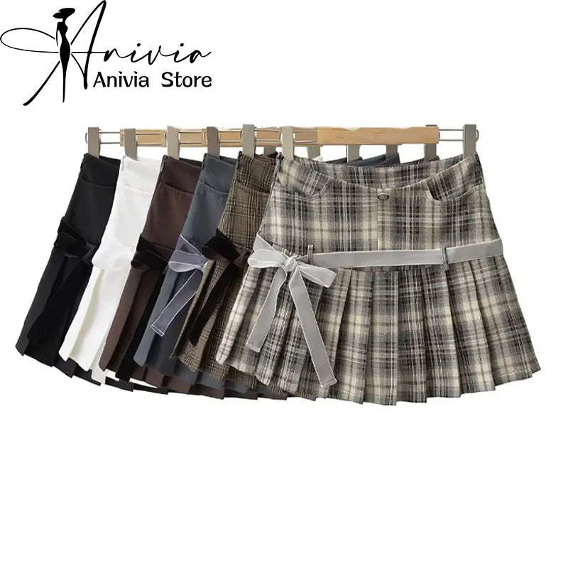 Women's Y2k A-line Pleated Skirt Vintage Plaid Mini Skirt Harajuku Korean Elegant Preppy Style Bow Skirts 2000s Clothes Summer