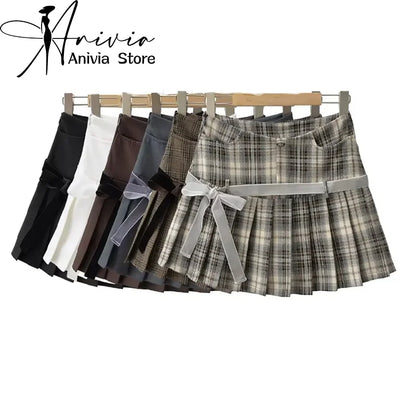 Women's Y2k A-line Pleated Skirt Vintage Plaid Mini Skirt Harajuku Korean Elegant Preppy Style Bow Skirts 2000s Clothes Summer