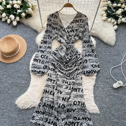 Chic vintage long sleeve Criss-Cross print pleated Elegant Fairy korean fashion dress women clothing Long dress