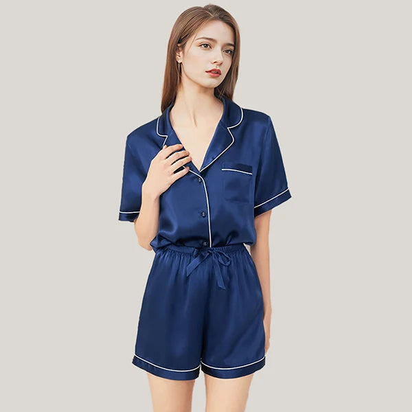 100% Real Mulberry Silk Womens Pajamas Set Sleepwear Pjs Button Down Short Sleeve Shirt Top and Shorts Loungewear 2 Piece M-4XL Navy Blue CHINA