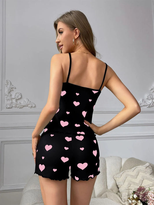 Womens Valentine's Day Cami Pajama Set Sleepwear Heart Love Pattern Loungewear Pjs Ultra Soft Comfy Lounge Set Nightwear New Hot