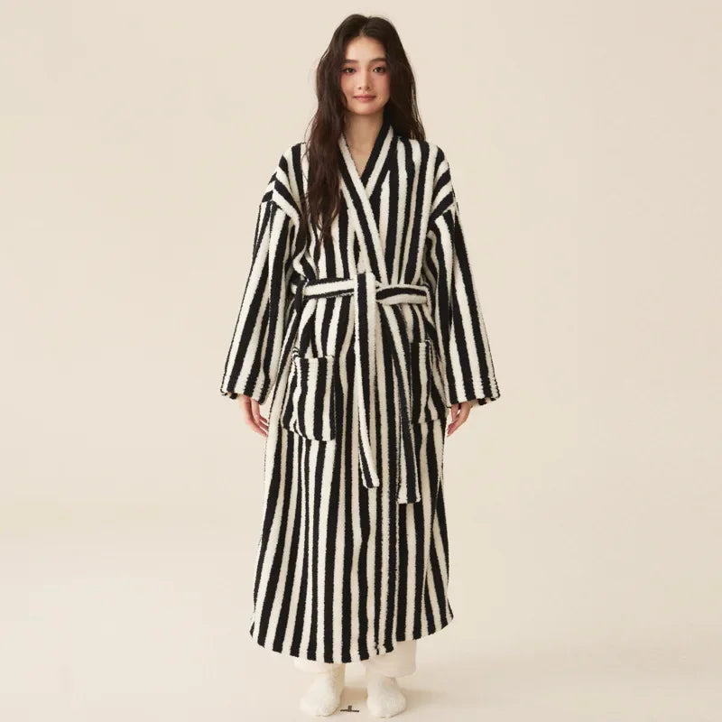 Thickened Flannel Robe Pants Pajamas Set Autumn Winter New Couple Coral Velvet Women Men Bathrobe Striped Lengthed Home Clothes