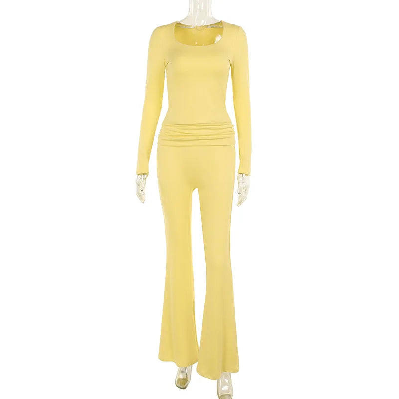Fashion Soild Women's Set Long Sleeve Yellow U Neck Shirt and Flared Pants 2024 Elegant Tracksuits Two 2 Piece Set Outfits