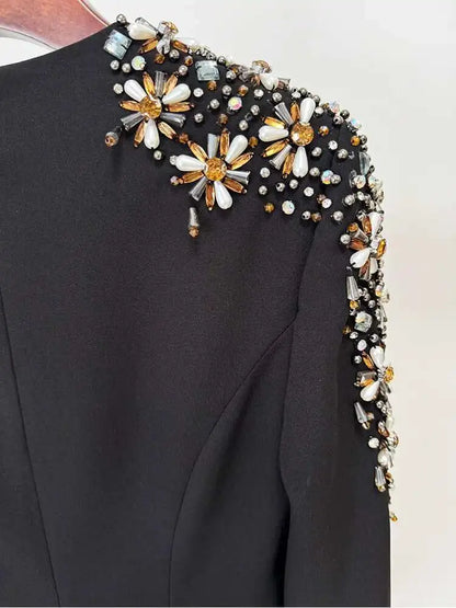 QMQA Fashion Women's Evening Dress Bead Diamond Spliced V Neck Long Sleeve High Waist Maxi Party Dresses 2025 Spring New QM324 Badiee Stylez