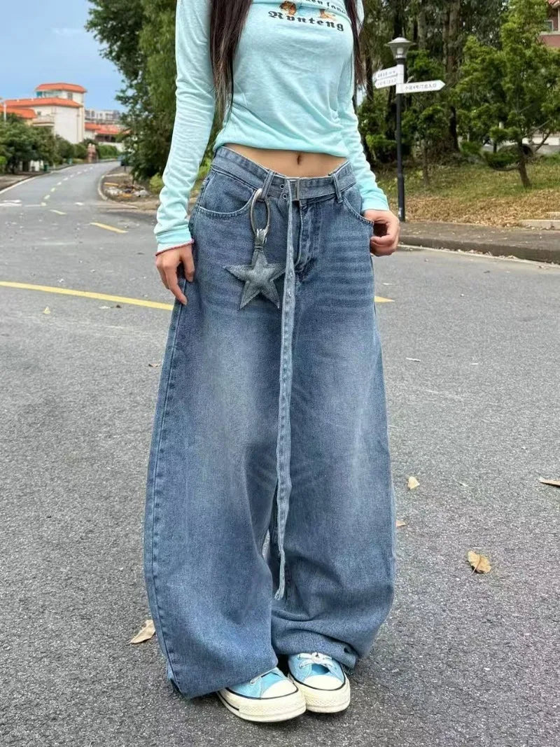 Y2K fashion retro cartoon embroidered women wide-leg jeans casual Harajuku loose pants street personality high-waisted jeans