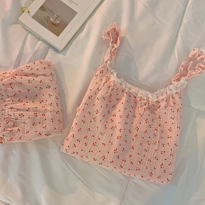 Summer Ins Sle Women's Cotton Spwear Sweet Strap ort Pants Home Clothes Sexy Cute Japanese Sle Pure Desire Home Clothes Cherry powder-sling set