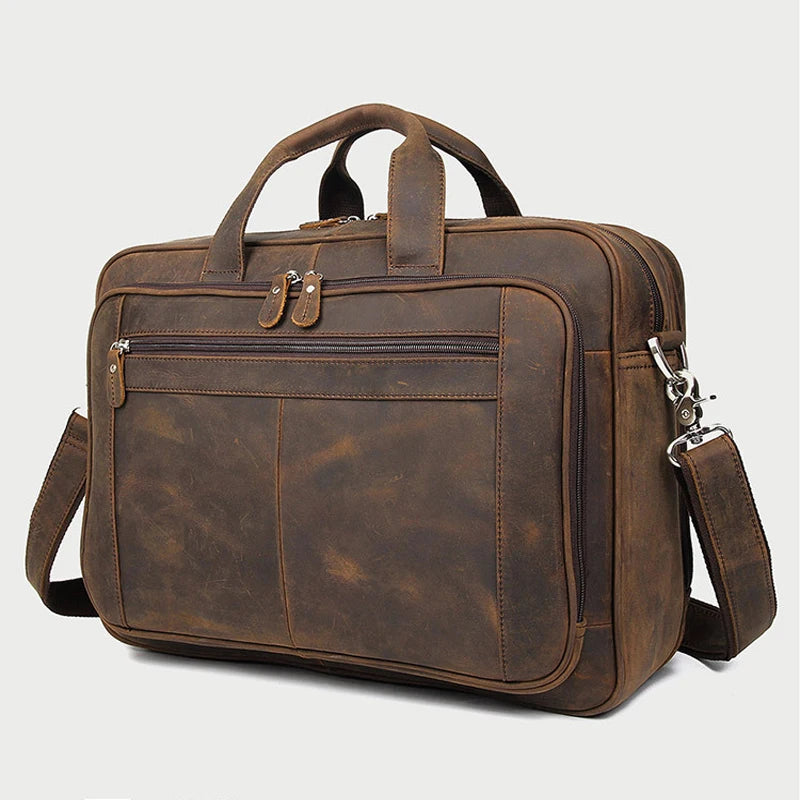 High Quality Genuine Leather Men Briefcase Business bag Crazy Horse Leather Large 17"inch Laptop Bag male Portfolio Office Case Coffee