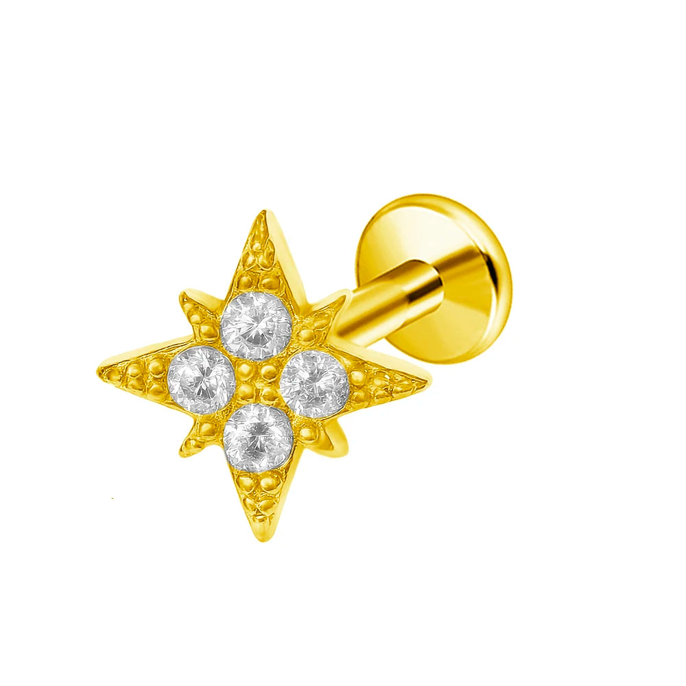 Moon Flat Back Earrings Star Labret Piercing Tragus Heart Internal Thread Cartilage Helix 100% 316L Stainless steel Body Jewelry Badiee Stylez