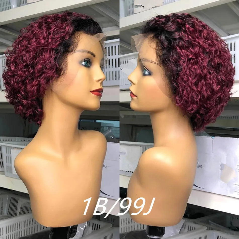 99J Burgundy Highlight Honey Colored Short Curly Pixie Cut Lace Wig Pre plucked Bob Wig 13x2 Lace Front Curly Human Hair Wigs 1B 99J 6inches Lace Hairline