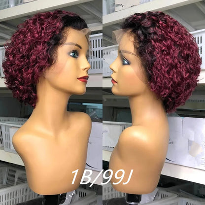 99J Burgundy Highlight Honey Colored Short Curly Pixie Cut Lace Wig Pre plucked Bob Wig 13x2 Lace Front Curly Human Hair Wigs 1B 99J 6inches Lace Hairline