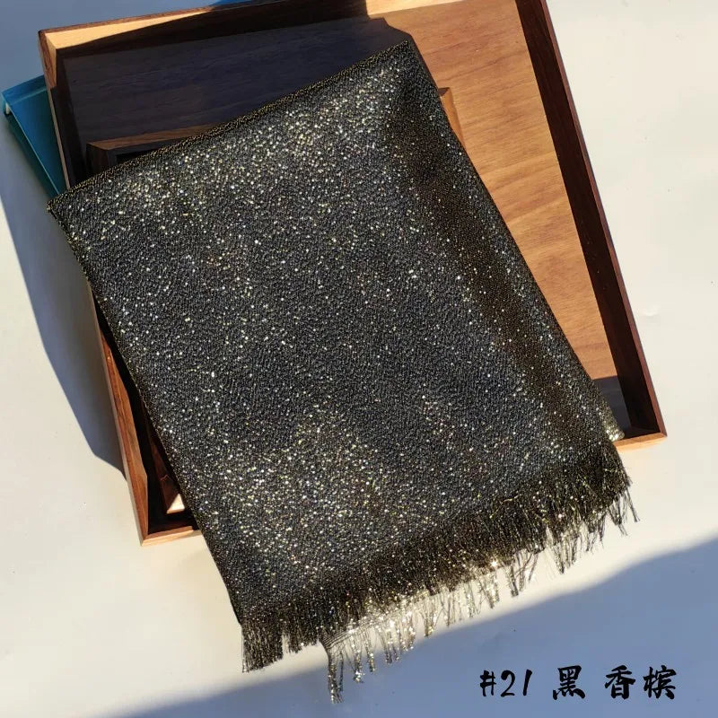 Lastest Brand Design Scarf Shiny Solid Color Shawls Rayon Fabric Gold Silk Silver Wire Head Shawl Fringe Hijab For Women 21