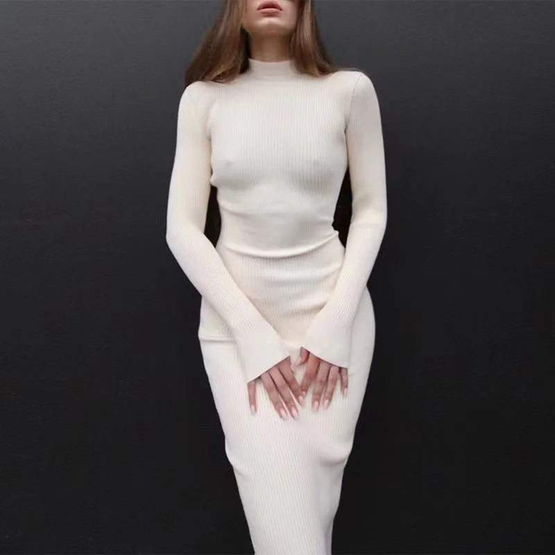 2024 New Autumn Knitted Turtleneck Dress Women Long Sleeve Bodycon Midi Dresses Female Elegant Fashion Solid Color Skinny Dress