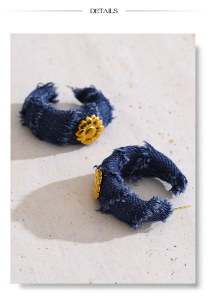 Yhpup Creative Blue Denim Flower C Shape Hoop Earrings Women Stainless Steel Popular Jewelry Autumn & Winter New 2025 Wholesale