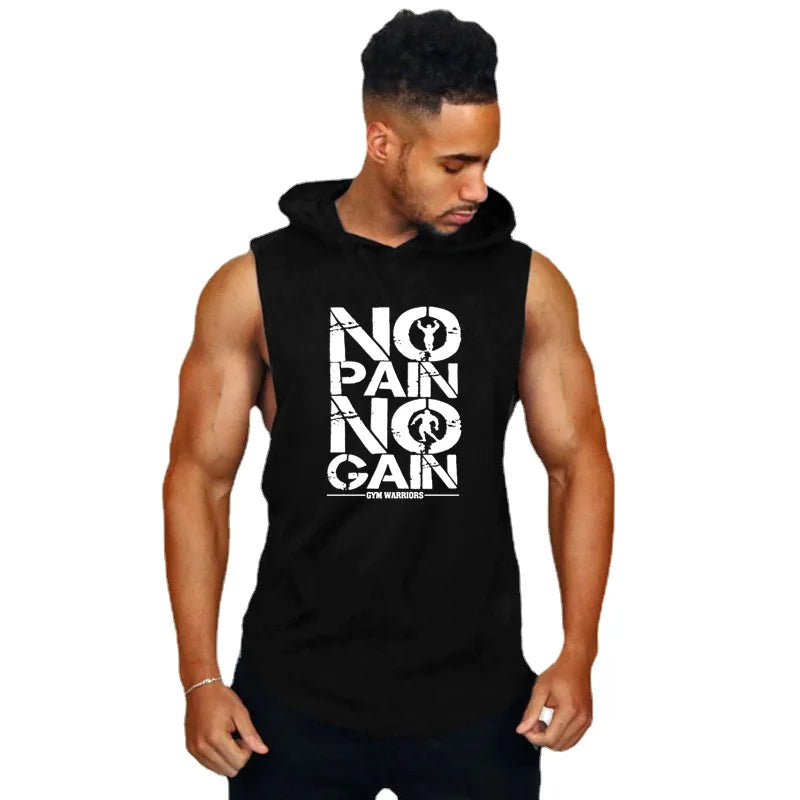 Mens Bodybuilding Sleeveless Hooded Shirts Summer Breathable Loose Cotton Hip Hop Tank Tops Gym Workout Fitness Muscle Hoodie black