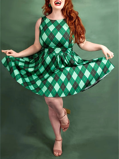 Plus Size Elegant Sleeveless Plaid Dress A-line Skirt Lightweight Fabric Back Zipper Waist Slimming Spring/Summer Party Choices