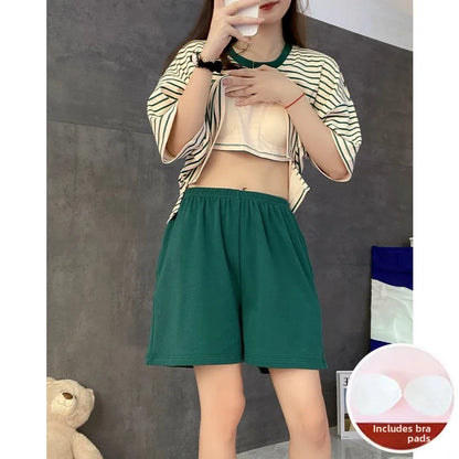 Women's Summer Spwear ort Sve Thin Striped Home Clothes Two-Piece Set with Chest Pad Milk Silk round Ne Pullover N striped chest pad double short green