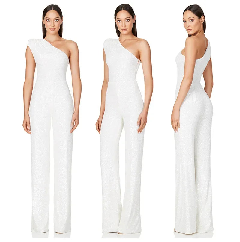 Women Elegant Long Jumpsuits Sexy Glitter Sequin Club Ladies Playsuits Slanted Collar Party Fashion Backless Solid Romper 2024 Badiee Stylez