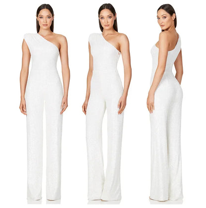 Women Elegant Long Jumpsuits Sexy Glitter Sequin Club Ladies Playsuits Slanted Collar Party Fashion Backless Solid Romper 2024 Badiee Stylez