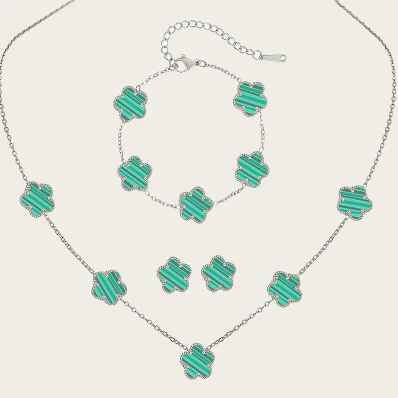 Stainless Steel Sets Earrings Necklace Bracelet Christmas Birthday Gifts Gold Plated Women's Double Sided Flower Elegant Fashion green-silver