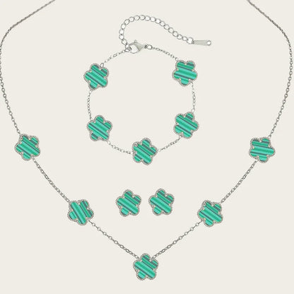 Stainless Steel Sets Earrings Necklace Bracelet Christmas Birthday Gifts Gold Plated Women's Double Sided Flower Elegant Fashion green-silver