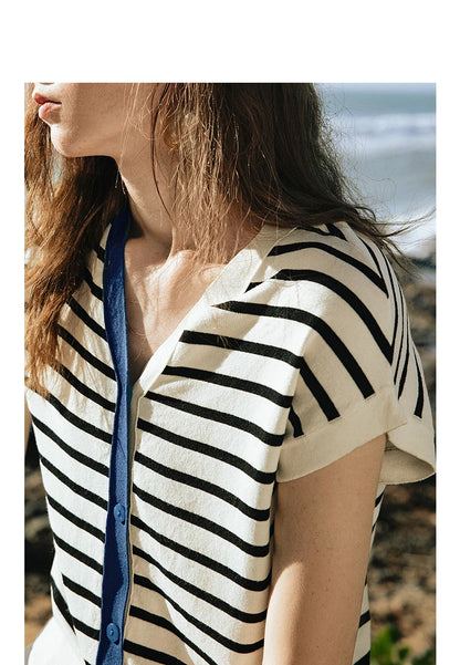 TOYOUTH Women Knitwear 2025 Summer New Short Sleeve Striped Contrast Color Pullover Tops 8523018