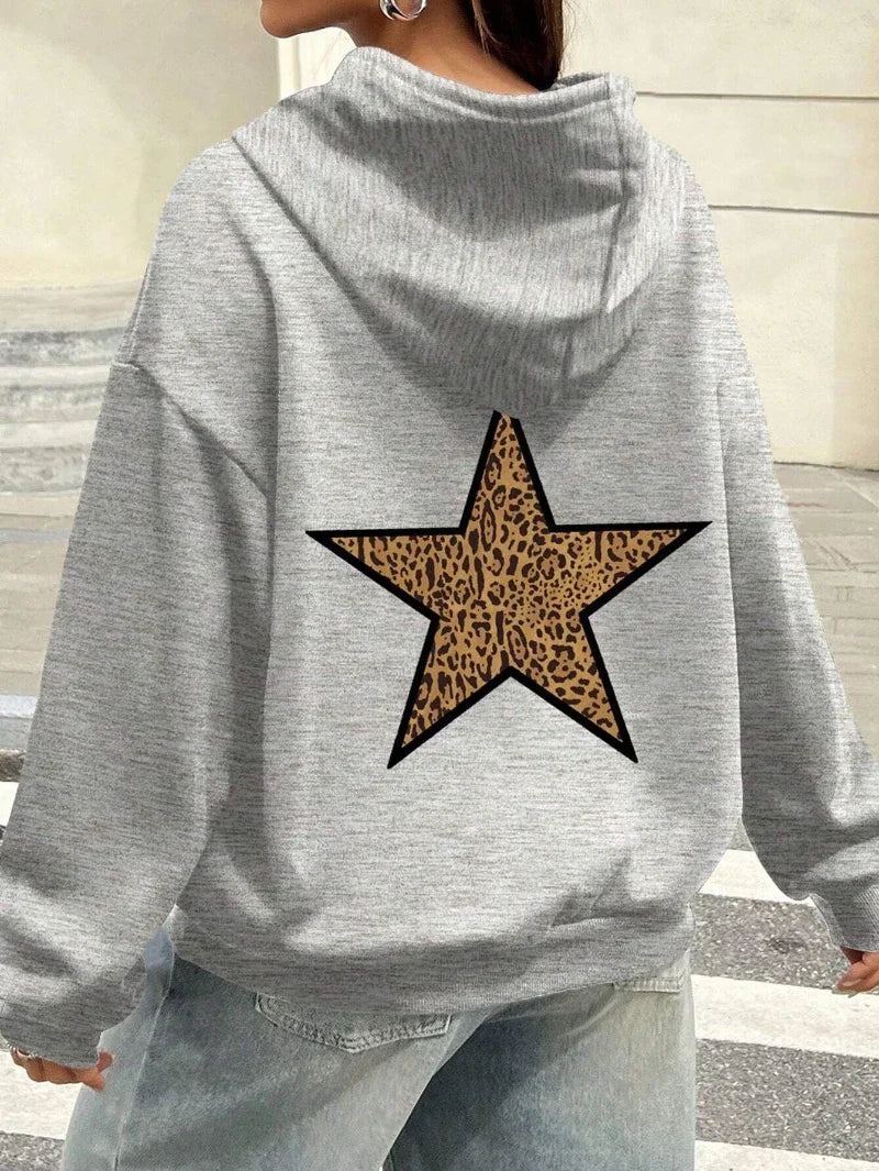 Casual Womans Hoodies Leopard Pentagram Pattern Printing Pullovers Loose Pocket Warm Fleece Sweatshirts Autumn Female Clothing DW362-Gray-WY