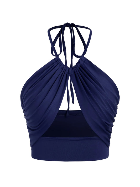 Europe and the United States solid color hanging neck small tube top hollowed out umbilical slim hot girl suspender vest navy blue