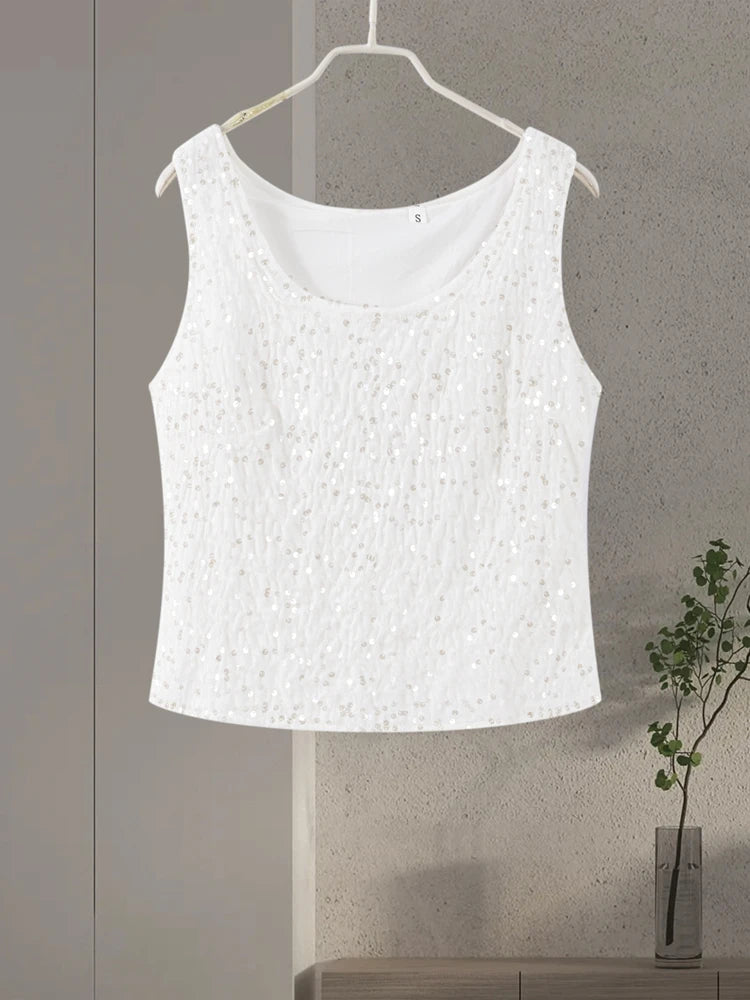 O-neck Vest Mini Skirt Suits Women Sexy sparkly Sequined Sleeveless Tank Tops With Bodycon Short Skirts Fashion Ladies Beachwear