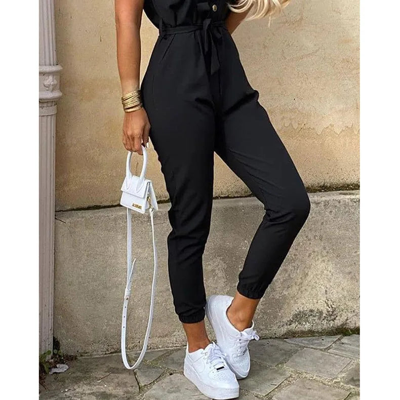 Women's Monochrome Jumpsuit 2024 Spring/Summer Comfortable Casual Flip Collar Printed Belt Work Dress Women's Jumpsuit