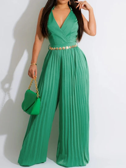 Elegant Solid Wide Leg Rompers Fashion High Waisted Lace Up Party Lady Play Suits Women Chic Sleeveless V Neck Jumpsuits Green