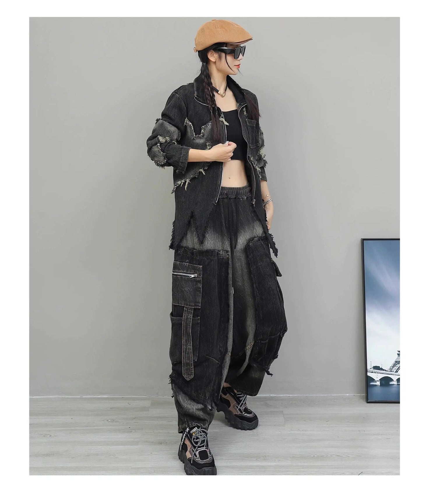 Trendy Cool Pant Set Women Autumn Vintage Denim Patchwork Long Sleeve Irregular Jacket + Harem Pants Two-Piece Set LX4331 Badiee Stylez